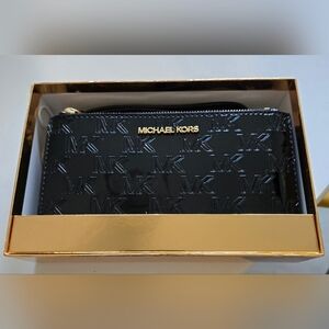 Michael Kors Black Patent Embossed MK Zip Around Wristlet with Gold Hardware